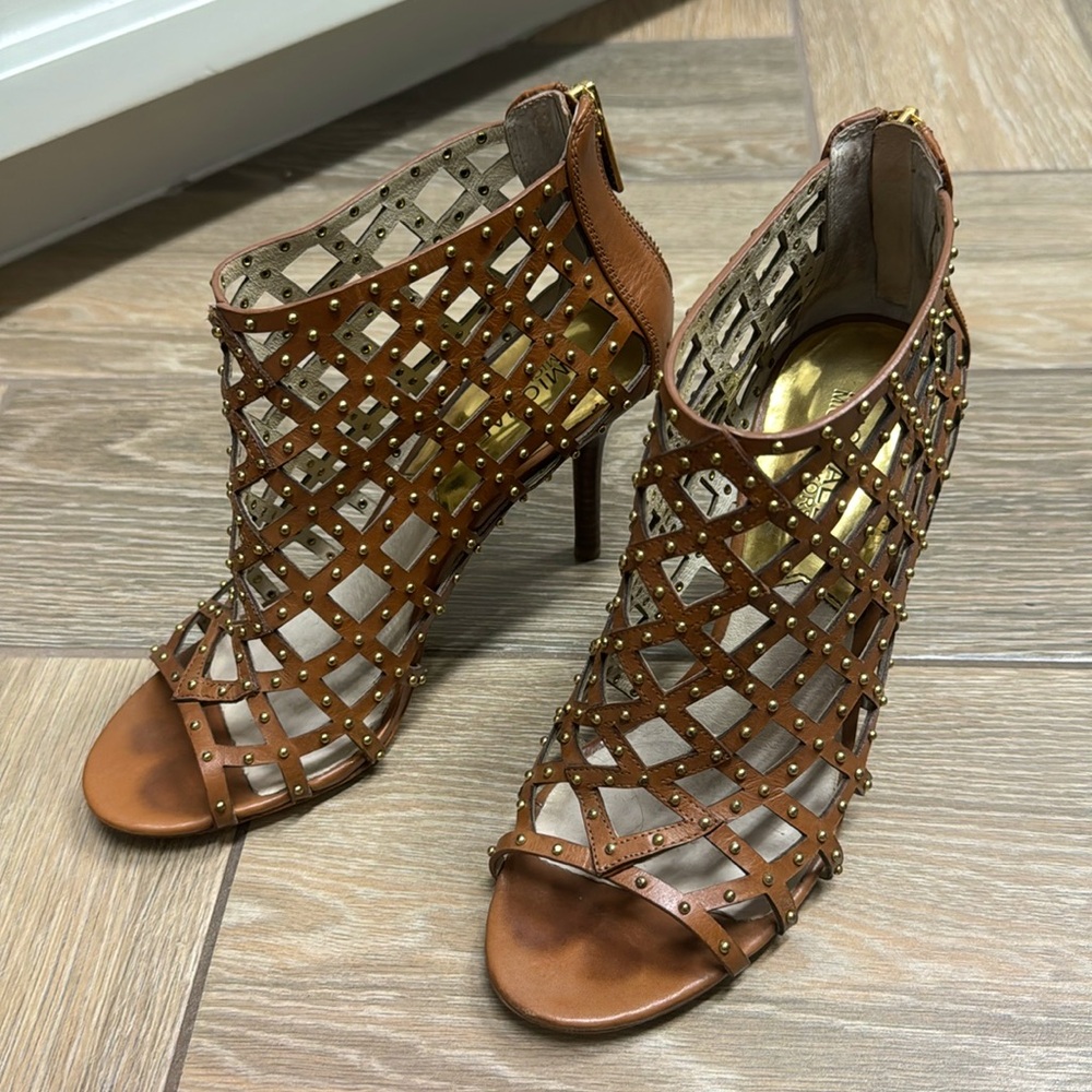 Michael Kors - brown leather heeled sandals with gold round studs
